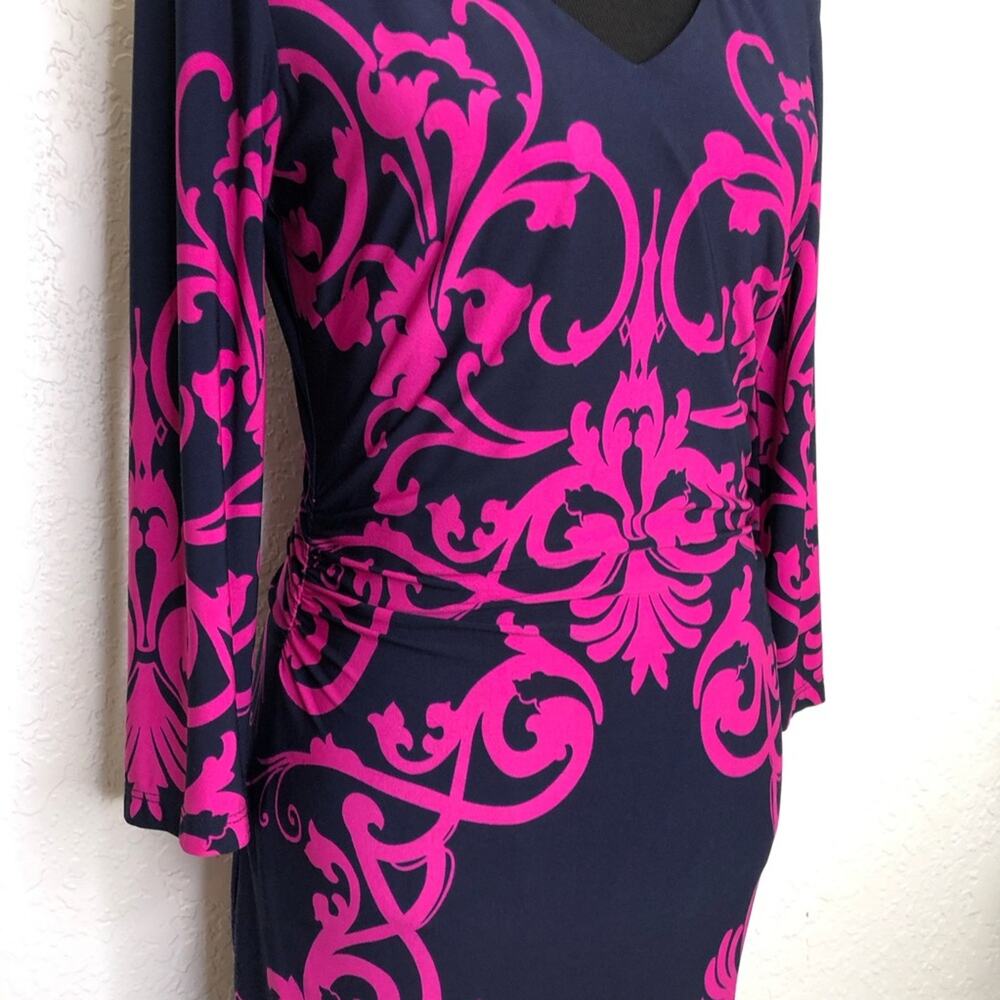 David Meister navy blue pink floral scroll v neck midi dress size 8 - Picture 3 of 16